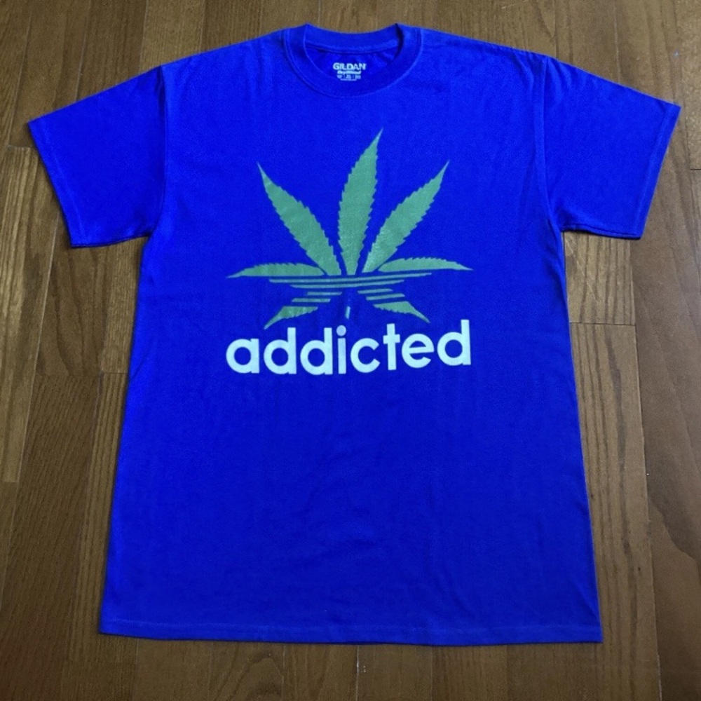 Gildan Blue Tee with Green Leaf Graphic
